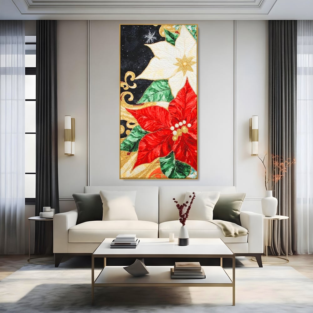 Tablou canvas cu tablou canvas cu craciunite rosii si albe, in rama de aluminiu auriu, pe perete intr-un living